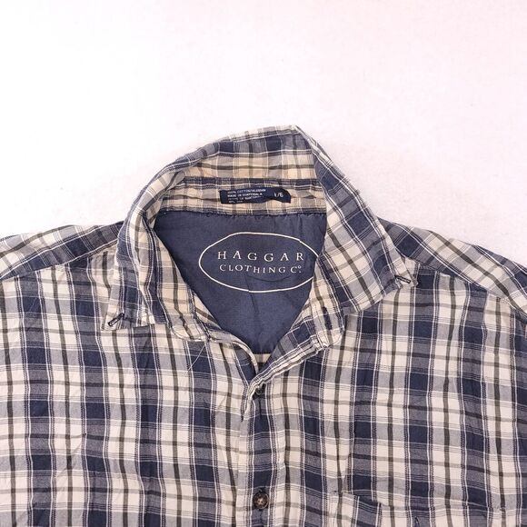 Haggar Tartan Flannel Casual Button Up Shirt Mens Size Large L Blue White - Picture 1 of 11